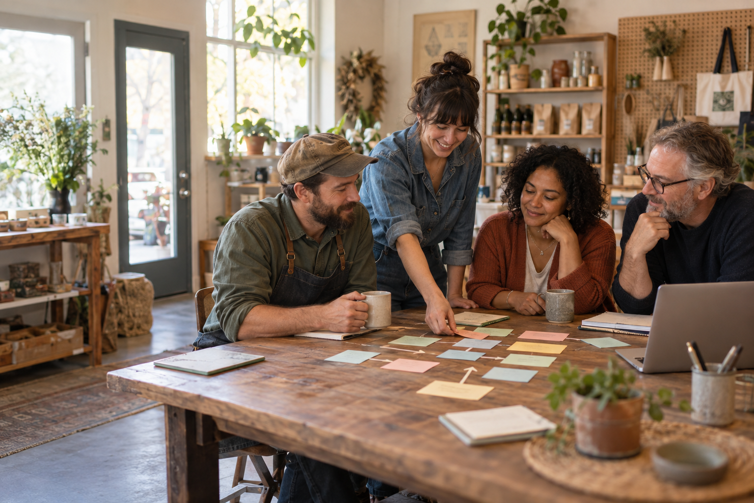 Small-business owners mapping a workflow together around a wooden table.